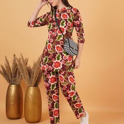 FebQ Floral Printed Mandarin Collar Pure Cotton Tunic With Trousers-picture-30