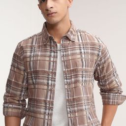 HIGHLANDER Men Rose Gold Chinelle Yarn Textured Checked Slim FIt Casual shirt-picture-37
