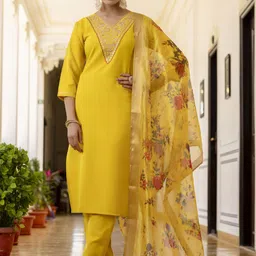 Navlik Women Embroidered Pure Cotton Kurta with Trousers & With Dupatta-picture-22