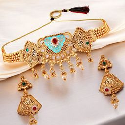 LUCKY JEWELLERY Gold-Plated Artificial Stone Studded & Beaded Jewellery Set-image-27
