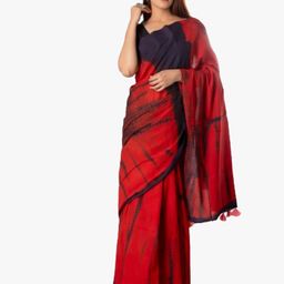 JALTHER Red & Navy Blue Tie and Dye Pure Cotton Block Print Saree-picture-4