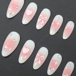 Secret Lives Set Of 24 Artificial Reusable Glossy 3D Stone Press On Nails - White & Pink-12
