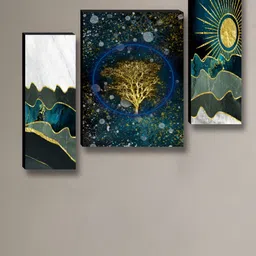 SAF Blue & Gold-Toned 3 Pieces Tree & Sun Abstract Wooden Wall Art-image-49