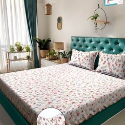 Myntra Elegant Homes Off White & Red Floral Printed Fitted 300 TC Super King Bedsheet with 2 Pillow Covers-image-91