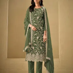 ODETTE Floral Embroidered Sequinned Straight Kurta With Trousers & With Dupatta-image-93