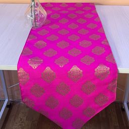 Pink Parrot Pink Printed Jacquard Silk Table Runner With Tassels-54
