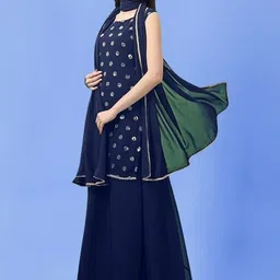 PARROT CREATION Geometric Embroidered Sequinned Georgette Kurti with Sharara And Dupatta image 3