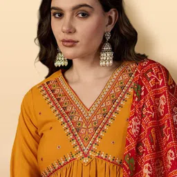 Anouk Rustic Ethnic Motifs Embroidered Pleated Sequinned Kurta with Trouser & Dupatta image 2