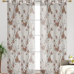 Galaxy Home Decor White & Coffee Brown 2 Pieces Floral Printed Sheer Door Curtains-16
