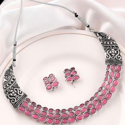 MANSIYAORANGE Rhodium-Plated Stone Studded Oxidised Jewellery Set-image-43