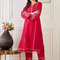 Indo Era Floral Embroidered Notch Neck Zari Panelled Straight Kurta & Trousers-picture-49