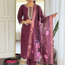 Brand Hill Embroidered Round Neck Thread Work Straight Kurta With Trousers & Dupatta-image-53