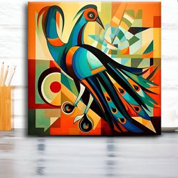 OLIVE TREE Orange Colored & Green Peacock Canvas Painting Wall Art-picture-39