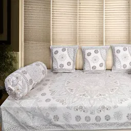 INDHOME LIFE 6 Pcs White & Brown Printed Pure Cotton Diwan Set-15