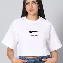 Besick Typography Printed Round Neck Drop-Shoulder Sleeves Cotton Oversized Crop T-shirt-image-64