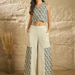 ZUMMER Embroidered Pure Cotton V-Neck Waistcoat & Palazzo Co-Ord Set-43