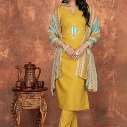 VKOM'S Floral Yoke Design Thread Work Pure Cotton Kurta with Palazzo and Dupatta-19