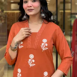 URMIR FASHION Women Orange Embroidered Viscose Rayon Straight Kurta & Trousers With Dupatta-picture-22