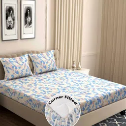 bsb home Grey & Blue Floral 210 TC Queen Bedsheet with 2 Pillow Covers-77