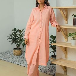 Kapraaha Self Design Shirt Collar Pure Cotton Tunic With Trousers-image-44