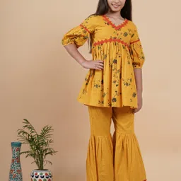 TUNIYA Girls Floral Printed Cotton Blend V-Neck Empire Kurta With Sharara-picture-52