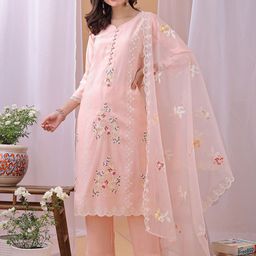 Label Khoj Floral Embroidered Thread Work Kurta With Trousers &Dupatta-picture-22