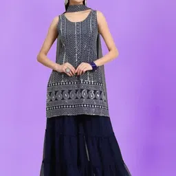 PARROT CREATION Floral Embroidered Georgette Straight Kurti With Sharara & Dupatta-image-65