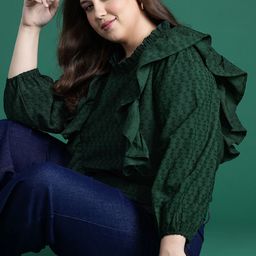 DressBerry Curve Plus Size Puff Sleeve Ruffles Smocked Blouson Top-image-5