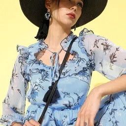 Antheaa Blue Floral Tie-Up Neck Chiffon A-Line Midi Dress-picture-48