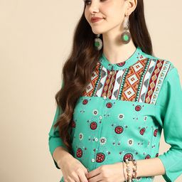 Sangria Women Sea Green & Red Ethnic Motifs Printed Kurta-image-50