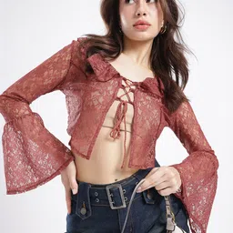 glitchez Boho BabeBell Sleeve Ruffled Lace Crop Top-image-15