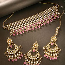 Peora Pink & White Gold Plated Kundan Choker Jewellery Set-24