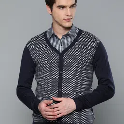 Louis Philippe Men Navy & White Blue Self Design Cardigan Sweater-image-60
