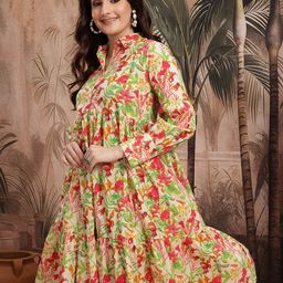 Sangria Floral Printed Shirt Collar Pure Cotton Ethnic Midi A-Line Dress-image-74