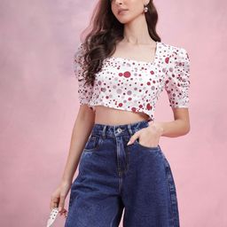 DressBerry Polka Dots Print Puff Sleeve Crop Top-0
