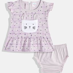 BABYMAX Infant Girls Checked Pure Cotton Puff Sleeve Drop-Waist Dress With Bloomers-image-99