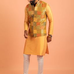 KISAH Mandarin Collar Straight Kurta with Churidar & Printed Nehru jacket-93