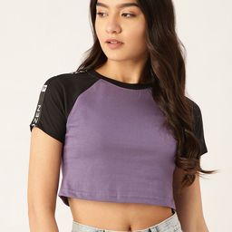 Rodzen Women Purple & Black Solid Pure Cotton Slim Fit Crop T-shirt-image-13