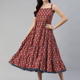 Divena Maroon & Navy Blue Pure Cotton Ethnic A-Line Midi Dress-picture-16