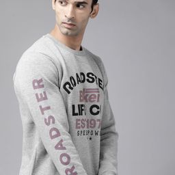 Roadster Men Grey Melange & Black Printed & Applique Cotton Sweatshirt-18