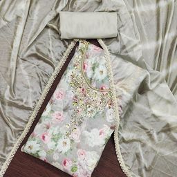 SAINOOR Floral Beads And Stones Embellished Pure Silk Semi-Stitched Dress Material-image-40