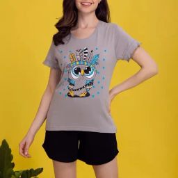 Clovia Grey & Black Printed Top With Shorts-image-78