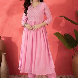 Sangria Floral Printed Notch Neck Thread Work Georgette Anarkali Kurta With Trousers-33