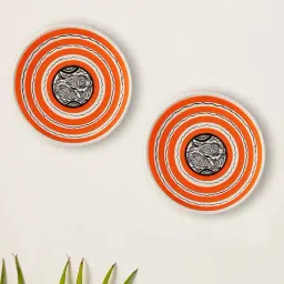 ExclusiveLane Orange & White Hand Painted Terracotta Wall Plates Set of 2 White & Orange-14