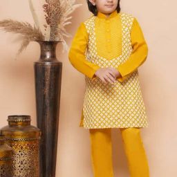 AJ Dezines Kids Mustard Cotton Embroidered Full Sleeves Kurta Set-image-35