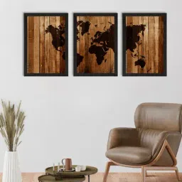eCraftIndia World Map Wooden Texture Set of 3 Satin Matt Texture UV Art Painting-17