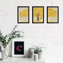 eCraftIndia Set Of 3 Yellow Tree and Birds Satin Matt Texture UV Art Painting-7