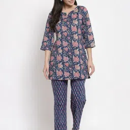 Yuris Blue Cotton Printed Kurti Pyjama Set-picture-40