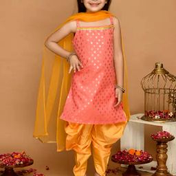 Saka Designs Kids Peach & Mustard Printed Kurta with Dhoti & Dupatta-image-7