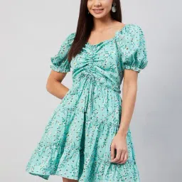 Carlton London Turquoise Floral Print Fit & Flare Dress-image-81
